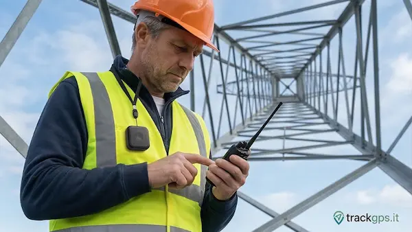 Localizzatore GPS mini per lavoratore isolato su torre di telecomunicazioni con tasto SOS — trackgps.it Roma