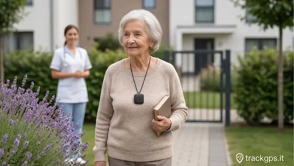 Anziana indossa localizzatore GPS mini per sicurezza come pendente in giardino RSA, monitoraggio discreto senza stigma — trackgps.it