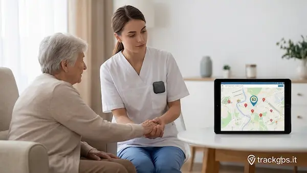 Operatrice OSS con localizzatore GPS mini clip mentre assiste paziente anziano, sicurezza personale sanitario — trackgps.it