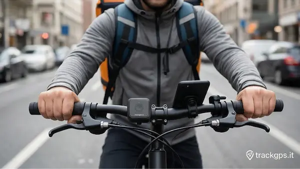 Rider su bicicletta con localizzatore GPS mini professionale montato sul manubrio, monitoraggio consegne urbane — trackgps.it