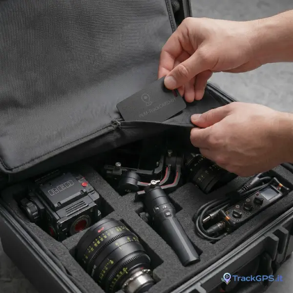 Inserimento tracker Bluetooth formato tessera PLM-TrackCARD-01 nella fodera interna di una borsa per attrezzatura professionale — TrackGPS.it Polinet Roma