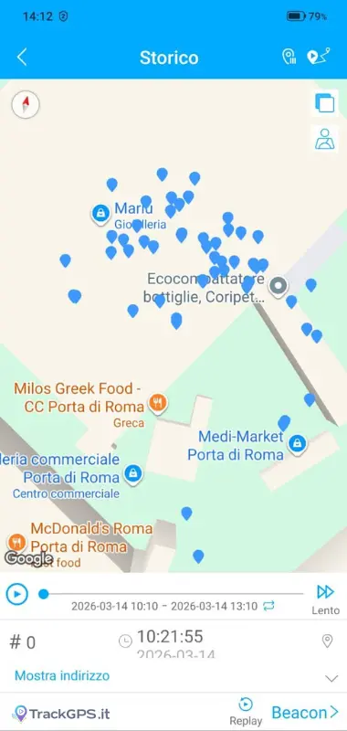 Tracker invisibile senza SIM: rilevamento indoor BLE 5.3 all'interno del centro commerciale Porta di Roma — identificazione punti vendita con timestamp precisi