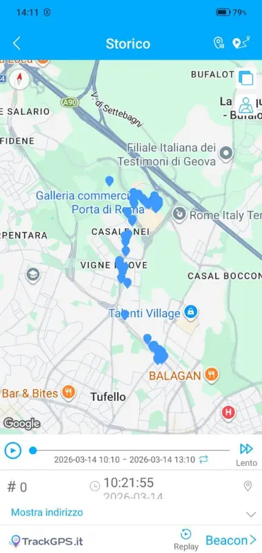 Tracker invisibile senza abbonamento: storico percorsi su mappa di Roma nord con pin BLE nelle zone Casale Nei, Vigne Nuove e Talenti Village