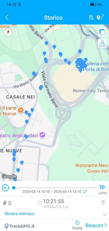 Tracker invisibile 1mm: zoom sul cluster di posizioni BLE rilevate tra Casale Nei e Galleria commerciale Porta di Roma — storico 90 giorni con timestamp