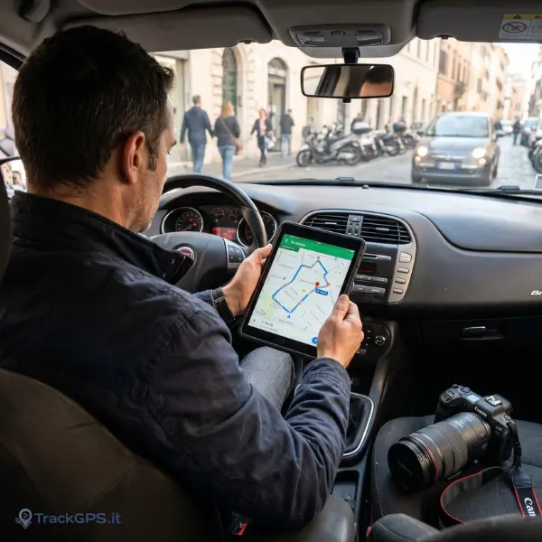 Investigatore privato con tablet GPS e fotocamera telefoto durante sorveglianza veicolo — TrackGPS.it Polinet Roma