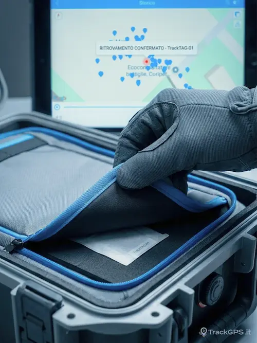 Recupero asset aziendale con localizzatore Bluetooth professionale — ritrovamento confermato su mappa TrackGPS.it Polinet Roma