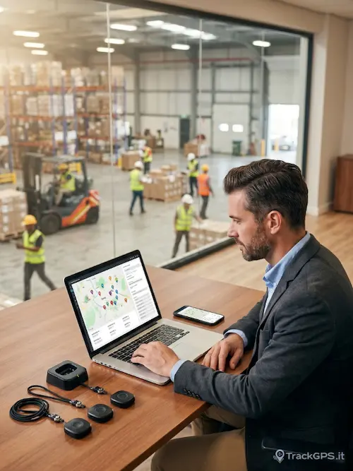 Responsabile monitora la sicurezza degli operatori da remoto con sistema GPS professionale — TrackGPS.it Polinet Roma